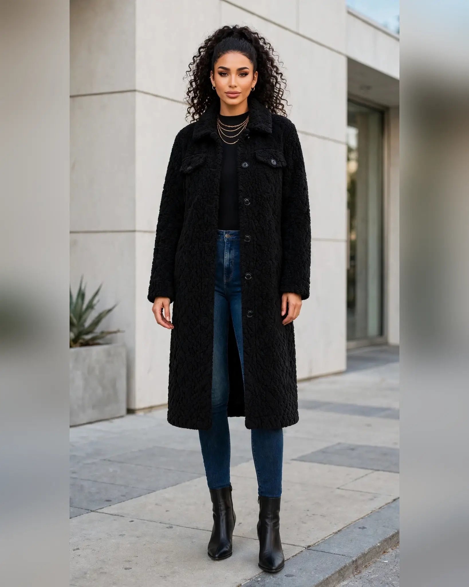 FJ0182: Quilted Sherpa Long Button Jacket
