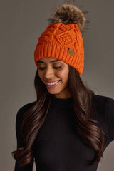 Orange Cable Knit Pom Hat