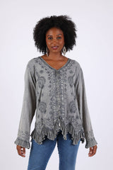 Embroidered Vintage Boho Top Blouse: Earthy Stonewashed