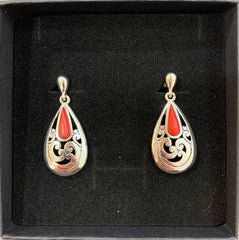 FR4871 Coral Stone Filigree Teardrop Clip On Earrings