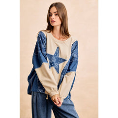 PAISLEY DENIM COMBO FRENCH TERRY STAR PATCH TOP