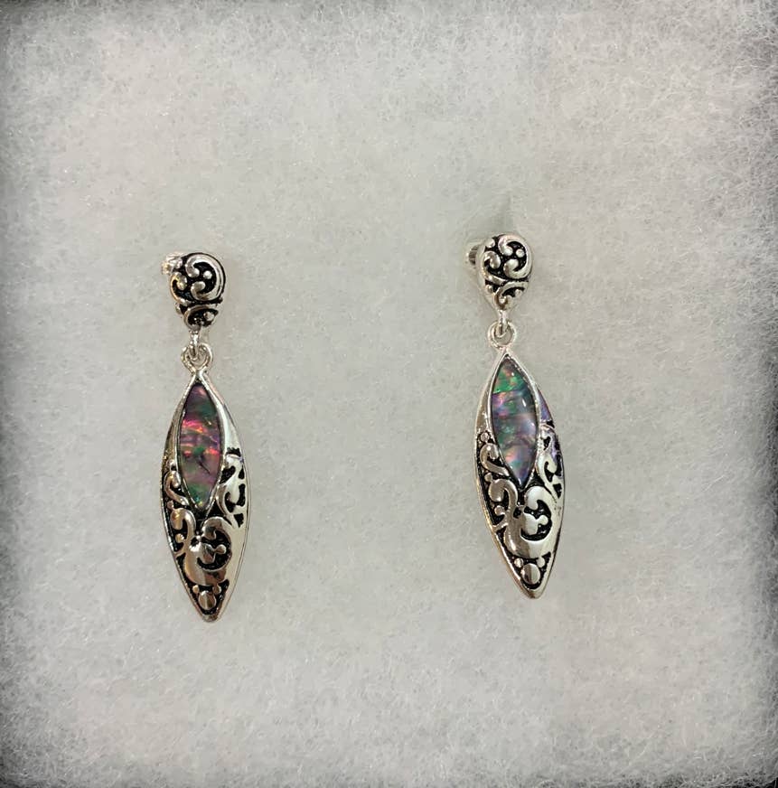FR3466 Abalone Filigree Navette Clip on Dangle Earrings