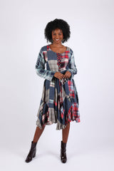 Lace-Up Denim Plaid Patchwork Dress