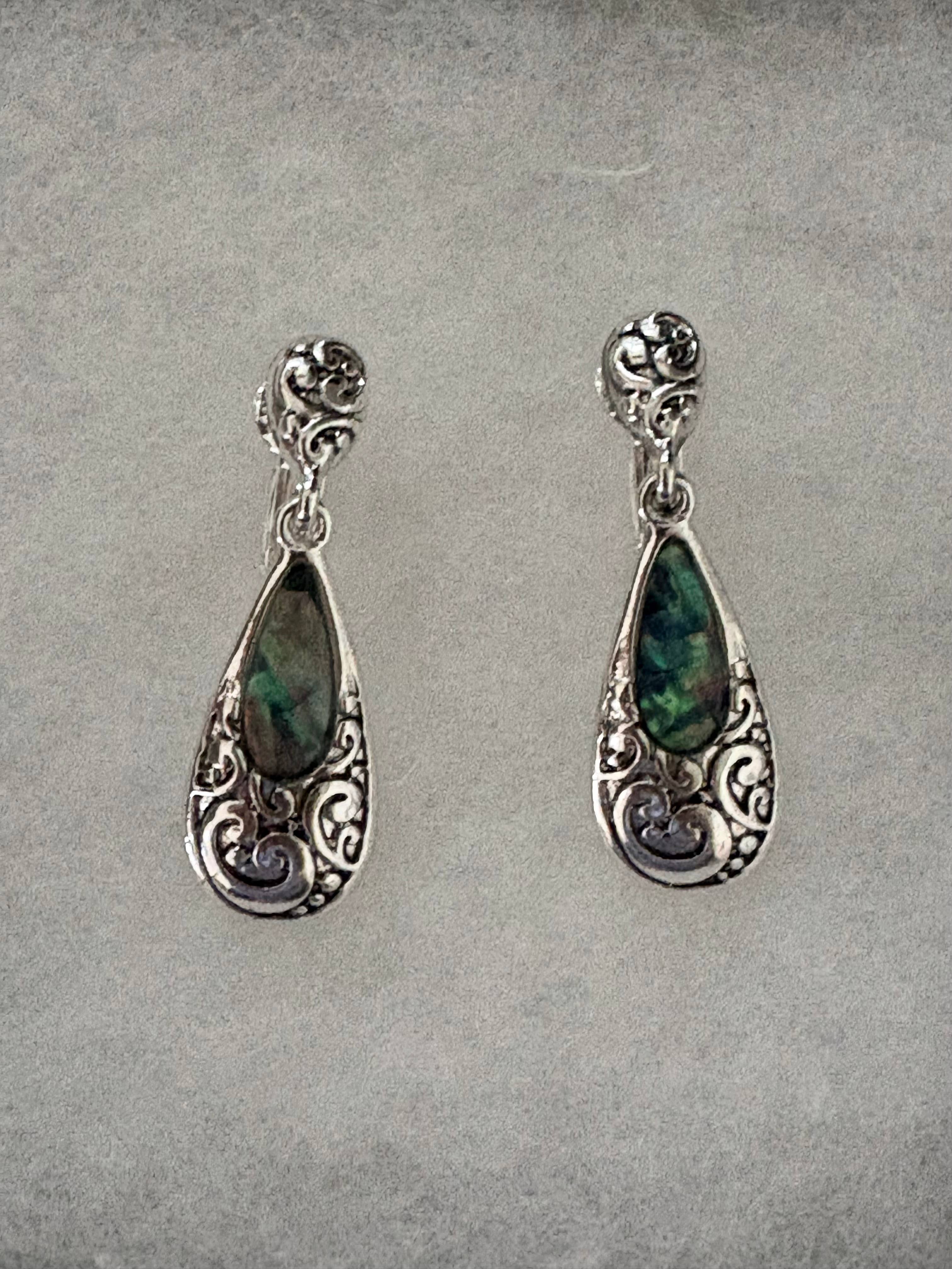 FR3467 Abalone Filigree Teardrop Clip on Dangle Earrings