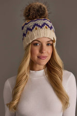 Cream, Gold, Purple & Gray Patterned Pom Hat