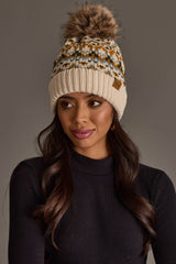 Beige, Mustard & Green Patterned Pom Hat