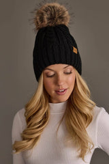 Black Cable Knit Design Pom Hat