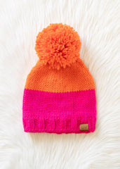 Orange & Pink Color Block Pom Hat
