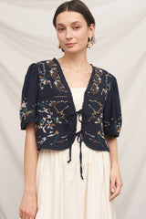 Short Sleeve Embroidered Tie-Front Top