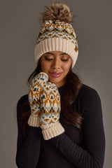Beige, Mustard & Green Patterned Pom Hat