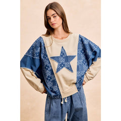 PAISLEY DENIM COMBO FRENCH TERRY STAR PATCH TOP