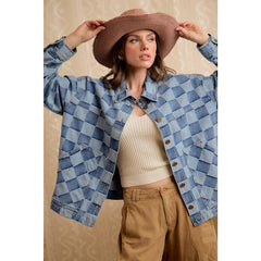 WASHED CHECKER DENIM JACKET WITH OVERSIZED POCKET