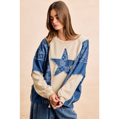 PAISLEY DENIM COMBO FRENCH TERRY STAR PATCH TOP