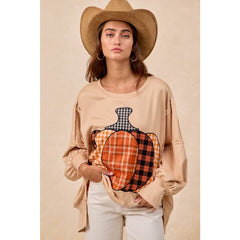 PLAID PUMPKIN PATCHWORK FRENCH TERRY SWEATSHIRT