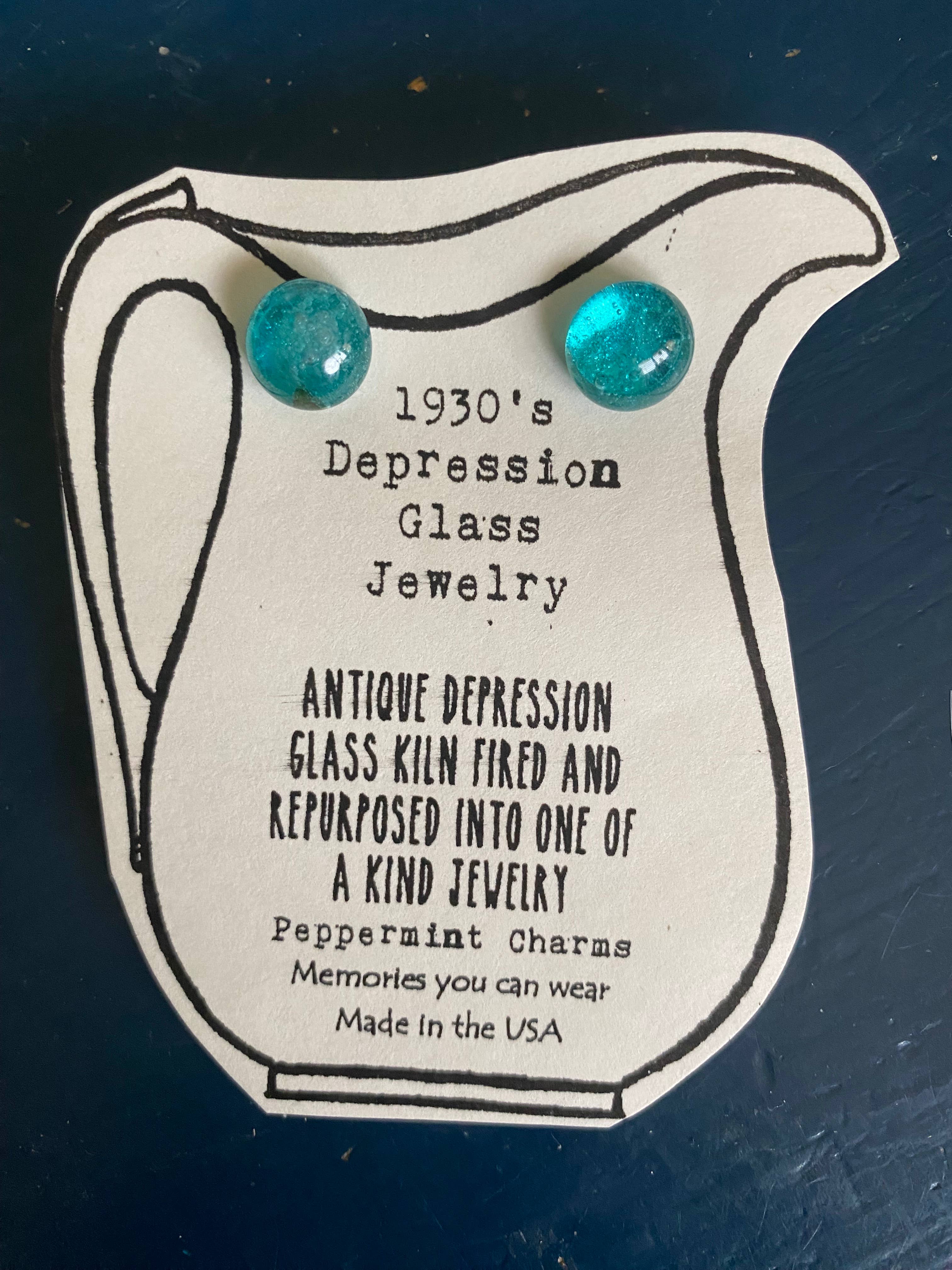 Depression glass Teal stud earrings sterling silver