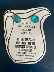 Depression glass Teal stud earrings sterling silver