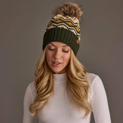 Olive, Cream & Mustard Patterned Pom Hat