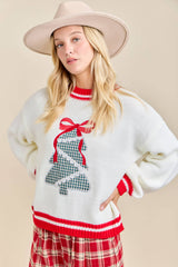 Plaid Tree Knit Sweater with Red Bow – Holiday Pullover