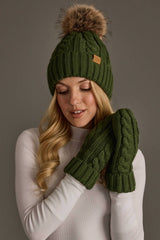 Dk. Green Cable Knit Design Pom Hat