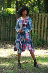 Lace-Up Denim Plaid Patchwork Dress