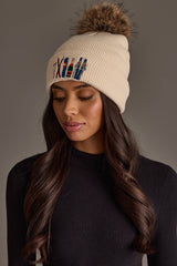 Beige Ski Embroidered Knit Pom Hat