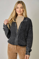 61683 Washed Ribbed Zip-Up Sweater