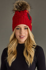 Red Cable Knit Pom Hat w/ Embroidered Tree