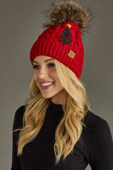 Red Cable Knit Pom Hat w/ Embroidered Tree