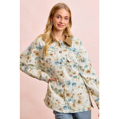 FLOWER PRINTED DENIM JACKET WITH MULTIPLE POCKET