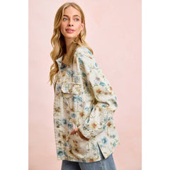 FLOWER PRINTED DENIM JACKET WITH MULTIPLE POCKET