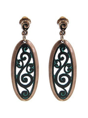 FR4346 Copper_Patina Filigree Cut Out Oval Clip Earrings