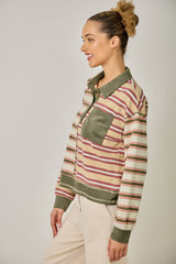 71493 Mixed Stripe Suede Accent Polo Pullover