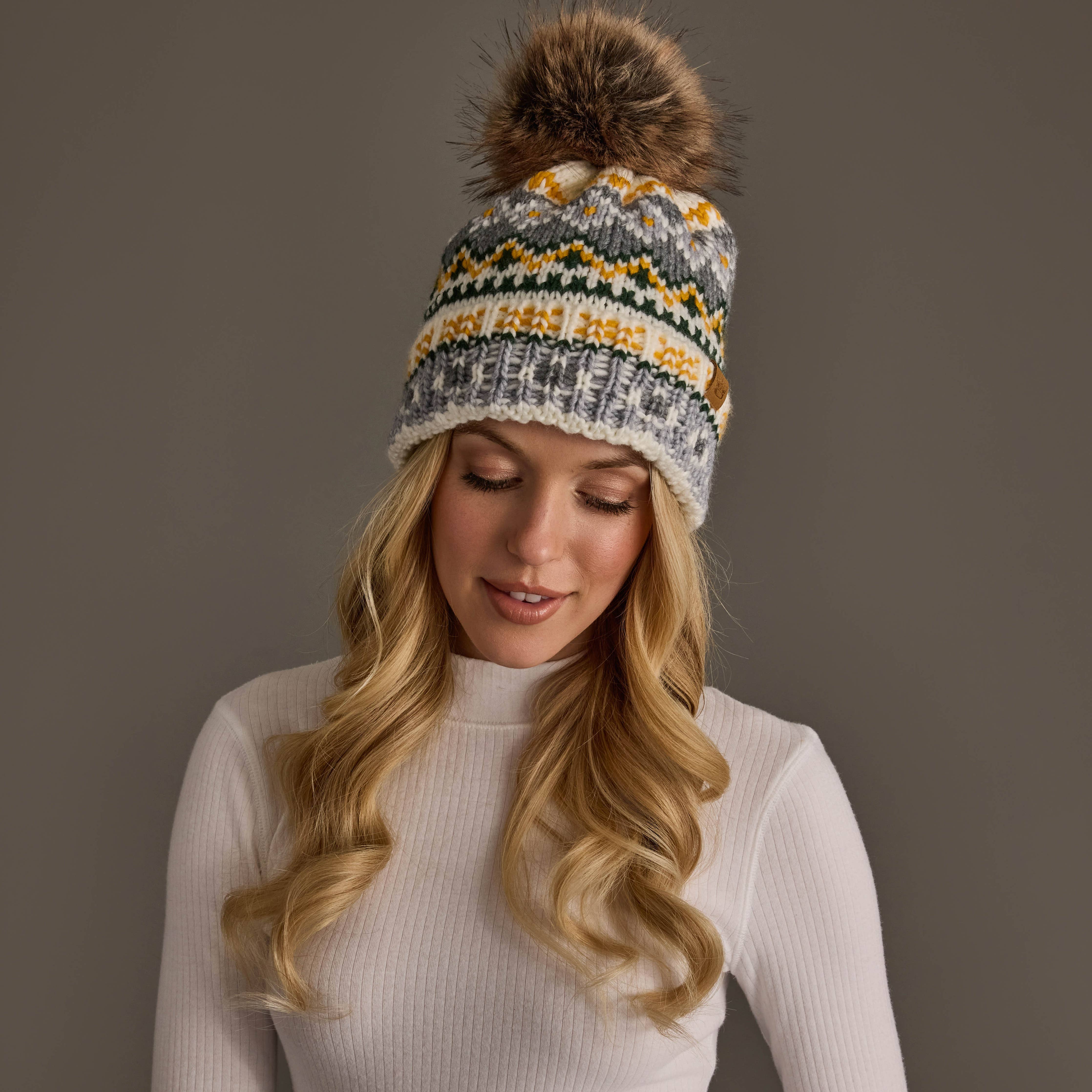Ivory, Green, Gray & Gold Patterned Pom Hat