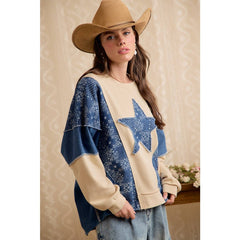 PAISLEY DENIM COMBO FRENCH TERRY STAR PATCH TOP