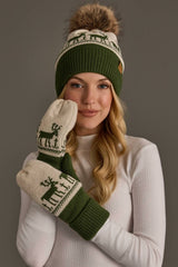 Olive & Beige Deer Patterned Pom Hat