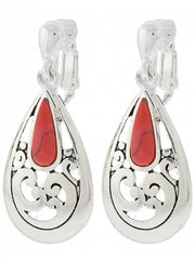 FR4871 Coral Stone Filigree Teardrop Clip On Earrings