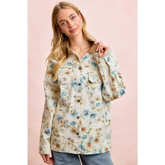 FLOWER PRINTED DENIM JACKET WITH MULTIPLE POCKET