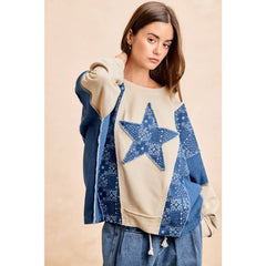 PAISLEY DENIM COMBO FRENCH TERRY STAR PATCH TOP