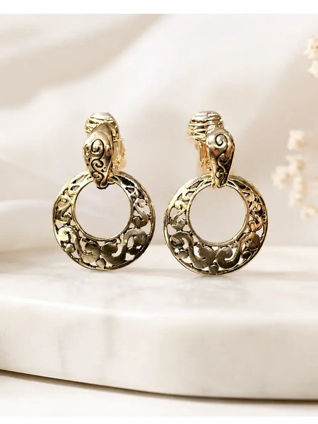 FR7388 Antique Gold Filigree Circle Clip-on Metal Earrings