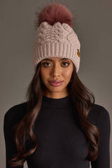 Lt. Pink Cable Knit Hat with Dk. Pink Pom