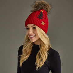 Red Cable Knit Pom Hat w/ Embroidered Tree