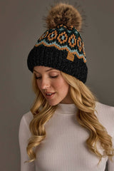 Black & Multicolored Patterned Chenille Pom Hat