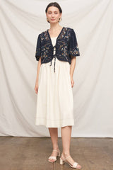 Short Sleeve Embroidered Tie-Front Top
