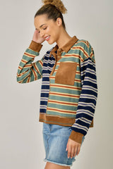 71493 Mixed Stripe Suede Accent Polo Pullover