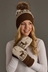 Brown & Beige Deer Patterned Pom Hat