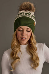 Olive & Beige Deer Patterned Pom Hat