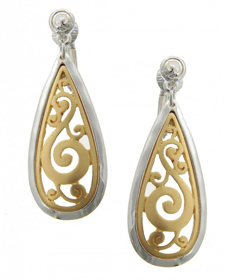 FR2408 Matte Gold Filigree Metal Teardrop Clip Earrings