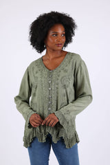 Embroidered Vintage Boho Top Blouse: Earthy Stonewashed