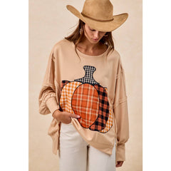 PLAID PUMPKIN PATCHWORK FRENCH TERRY SWEATSHIRT