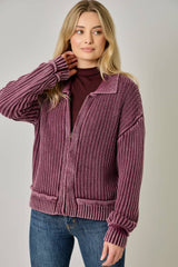 61683 Washed Ribbed Zip-Up Sweater
